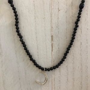 Obsidian Beaded Necklace‎ With Cubic Zirconia Half Moon